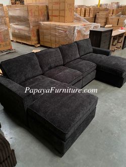 Black Chenille Fabric Two Chaise U Shaped Sectional Sofa Set Living Room Apartment Discount Furniture Contemporary Modern Designer Style Large Couch 