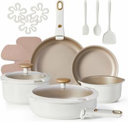 NEW in Box White Ceramic Pots & Pans Cookware Set - Nonstick & Dishwasher Safe