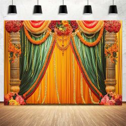 12X10ft Indian Diwali Pooja Photo Backdrop Photography Background For Durga Puja, Traditional Chatiya Navratri Ganpati Ganesh Marigold Backdrops Photo