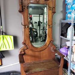 Antique Victorian Oak Coat Tree With Mirror