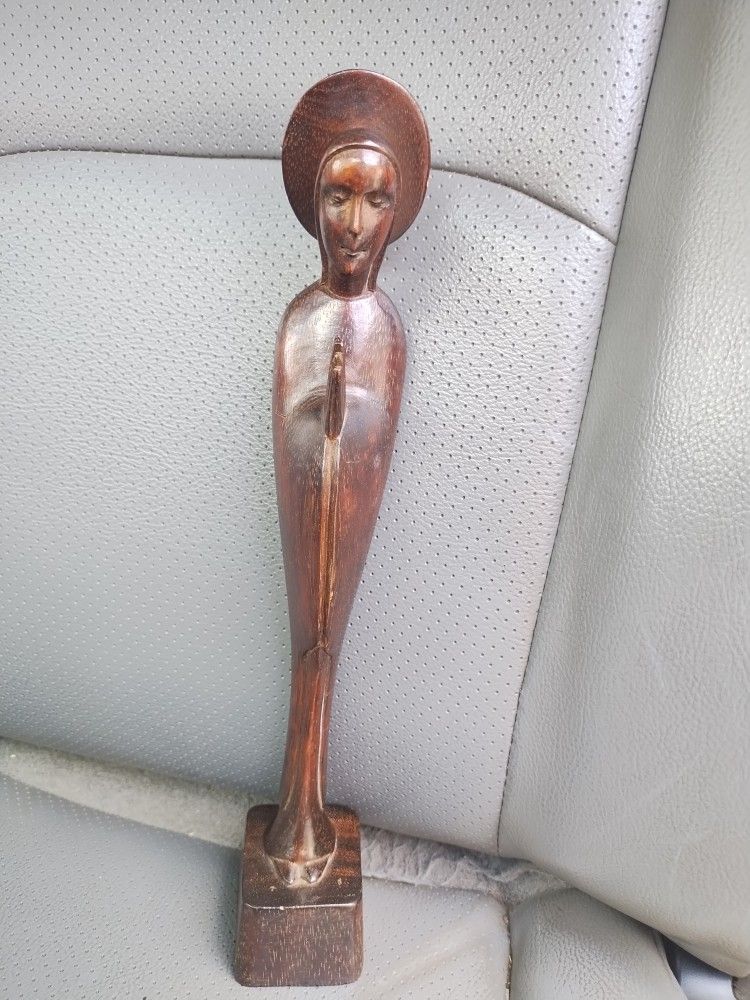 Wood Carved Statue of Mary Praying Rustic Style Religious Figure