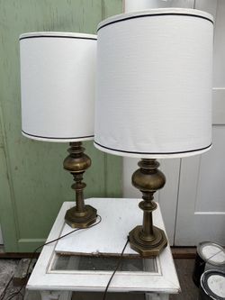 Vintage Pair Mid Century Modern Heavy Brass Lamps With Shades 