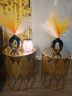 Gold Leaf Metal Side Tables with Glass Top Set of 2