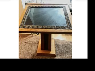 Pulpit , sermon pedestal with metal inlay  with glass top., tile wood pedestal . heavy hand made .
