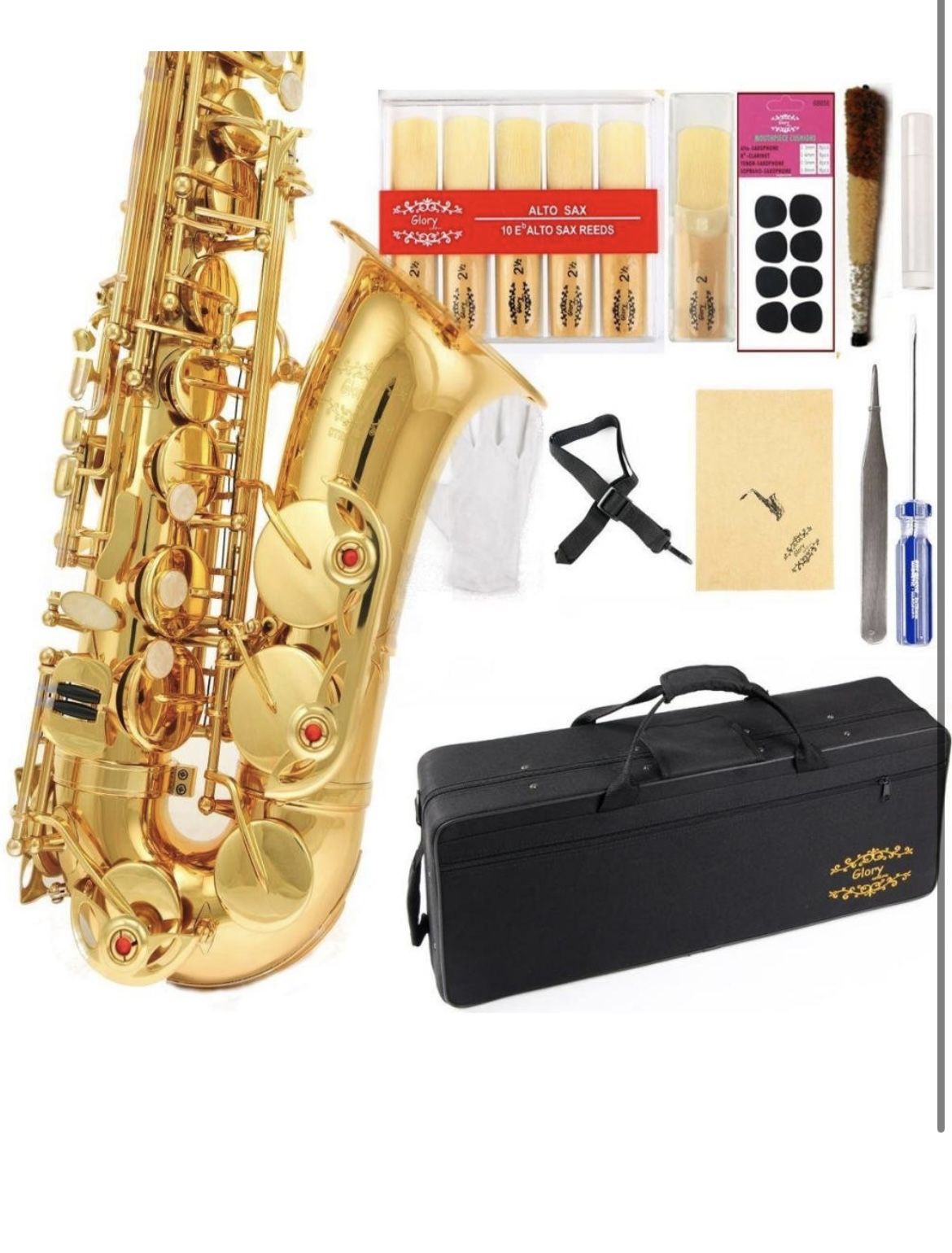 Saxophone E Flat Brass Sax Kit, Professional Sound, Complete Accessories, Ideal for All Players, Includes Hard Case, 10 Extra Reeds, Strap, Glove