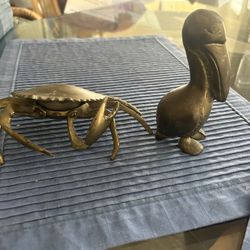 Vintage Articulated Brass Crab Ash tree And Solid Brass Pelican 