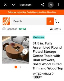 New! Round Fluted Storage Coffee Table with Dual Drawers
