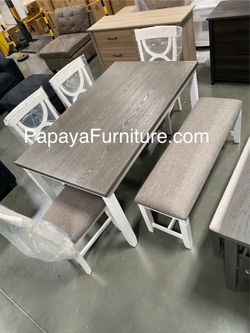 New! 6pcs White Rustic Dining Set, Dinette Set, Kitchen Table And Chairs, Table, Chairs, Bench, Casual Dining Set, Rectangular Dining Table, Dining Ro