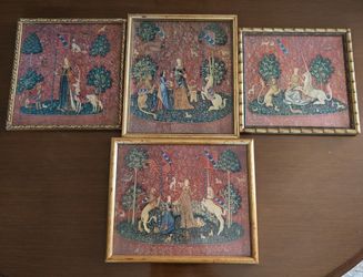 Four Framed Lady and the Unicorn French Medieval Tapestry Prints