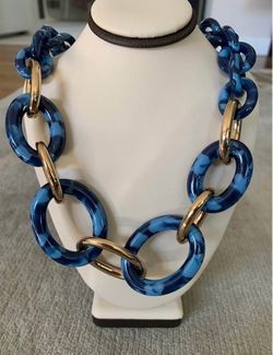 Ann Taylor Chunky Necklace-Blue Marbled and Gold Links 17”-NEW