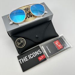 NEW RB3647N 001/4O Round Double Bridge Sunglasses Arista Gold Frame Blue Lens