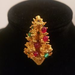 Original Signed By Robert Christmas Tree Brooch/Pin Dangly Glass Beads Red & Green Rhinestones 2" F10