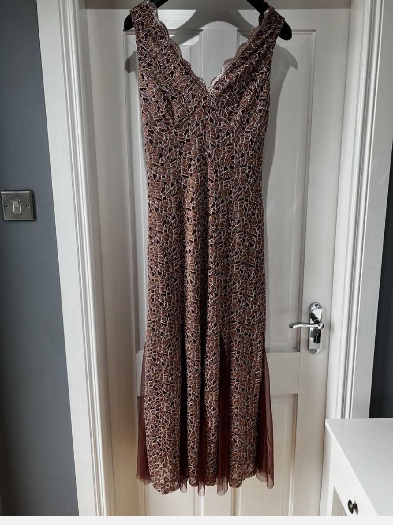 $40.00 This is a Lovely Grace Women's Rust Brown Metallic Maxi V Neck Maxi Dress.