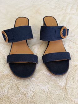 Navy Blue Double Strap Block Heel Sandals