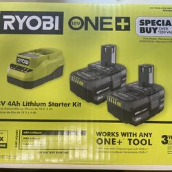 Ryobi One+ 18V Starter Kit with Two 4Ah Batteries & Charger