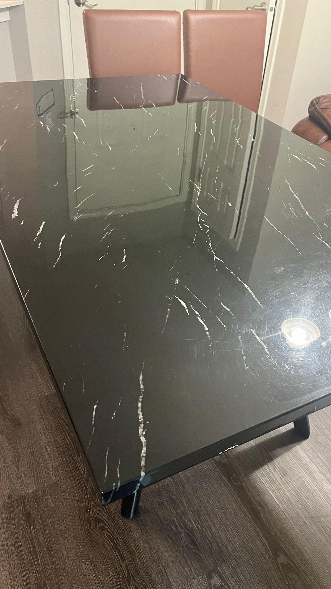 For Sale: Modern Black Marble Dining Table + 3 Stylish Chairs – Great Condition!