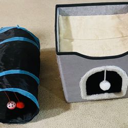Cozy 2 Cat House with Rooftop Penthouse & Play Tunnel with 2 Toys