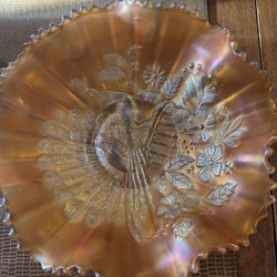 Vintage 8" Northwood  Carnival glass" Peacocks on the fence" color bull