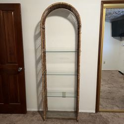 Vintage MCM Tall Wicker Rattan Arched Etagere Display Shelf Glass Shelves Boho Coastal