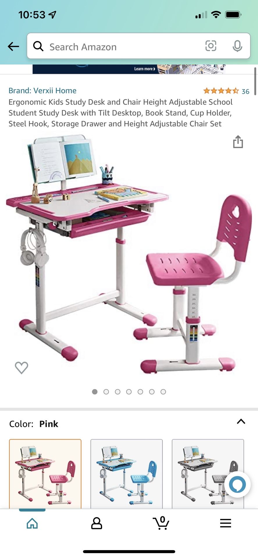 Pink adjustable height Childrens desk