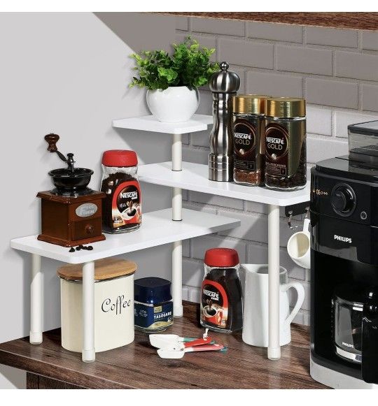 Ollieroo Kitchen Counter Shelf Organizer, 3 Tier Corner Shelf Bamboo Bathroom Countertop Organizer with Hooks, Space Saving Makeup Organizer Spice Rac