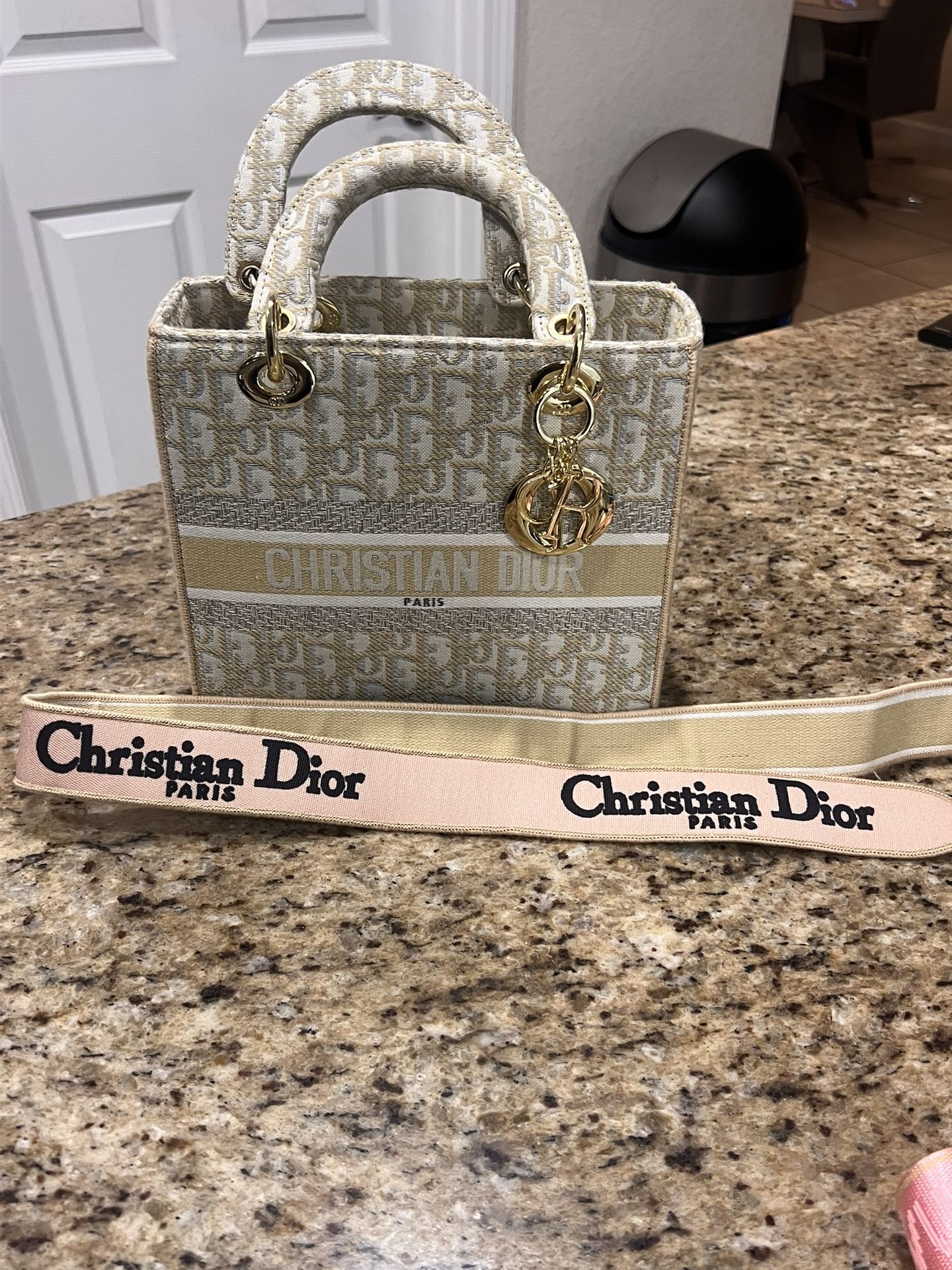 Christian Dior Mini Tote Bag with Strap – Beige & Gold