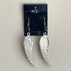 Angel Wing Dangle Earrings Silver Tone Black Bead Fashion Jewelry 3.25in