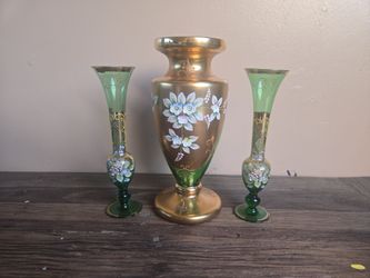 This is a vintage Bohemian Czech art glass mantel set