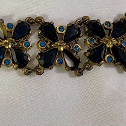 Vintage Costume Bracelet Large Dark Blue Stones Small Bright Blue Stones 7.5” Long X 1” Wide