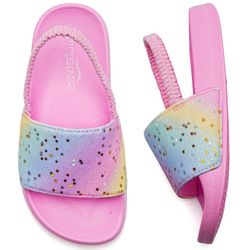 WateLves Toddler Girls Sandals Cute Slide Sandals Kids Non-Slip Summer Beach Water Shoes(Glitter Star,24/25)