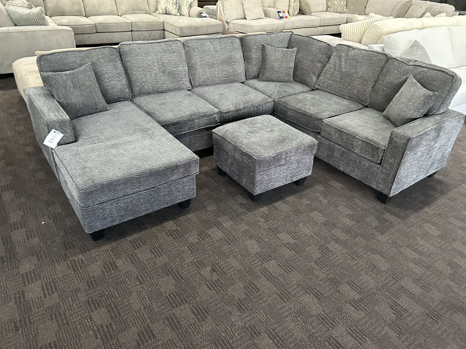 Large Comfy Charcoal Sectional And Ottoman