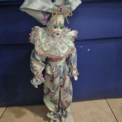 Vintage Harlequin Porcelain Doll with stand