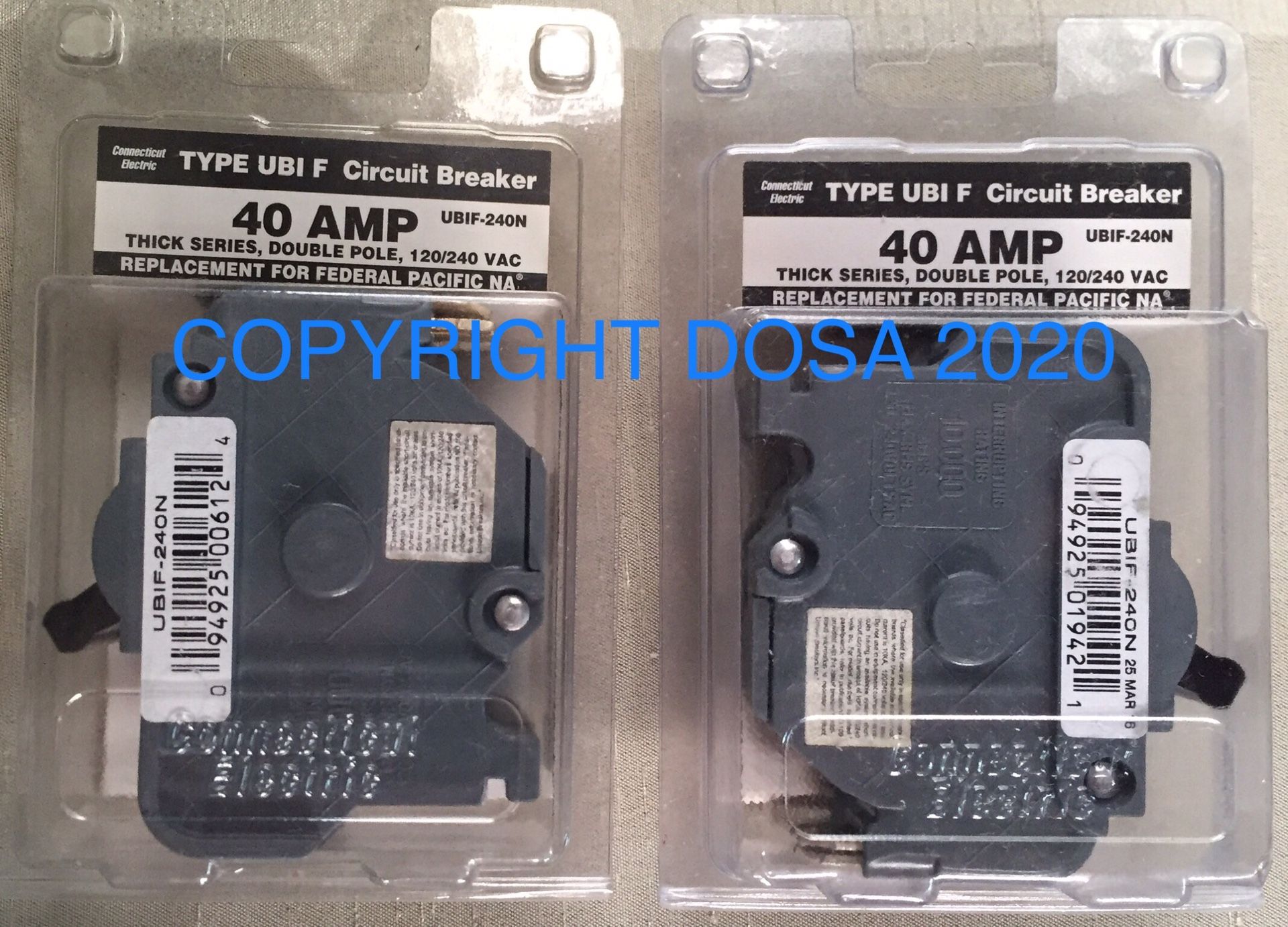 Lot of (2) Two Federal Pacific Double 40A Circuit Breaker, UBIF-240N
