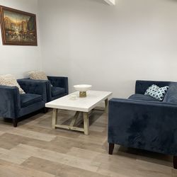 Velvet Coach And 2 Armchairs - Blue