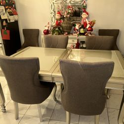 Silver and Gray Glass Dining Room Set With 6 Chairs