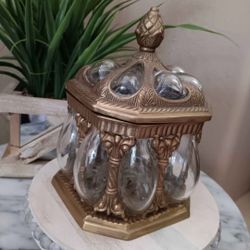 $125 Vintage Hand-Blown Caged Glass Lidded Apothecary Jar. Brass,  Made in India Pre-1930 Baroque Design