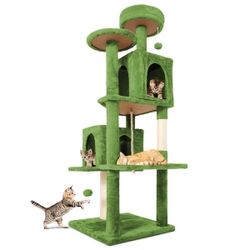 Brand New Green Large Cat Tree Tower, 58.5 inches tall, fits 1-4 cats perfectly! Solid stable base 32.7", multi-level design with 2 private cat condos