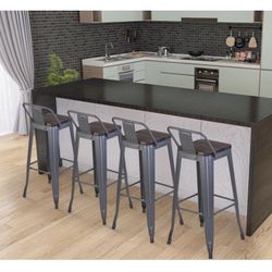 30 Inch Gun Metal Bar Stools Set of 1 with Wood Seats Counter Height Stools with Backs, Grey Pub Stools for Bar Home Kitchen Restaurant Bistro Cafe Tr