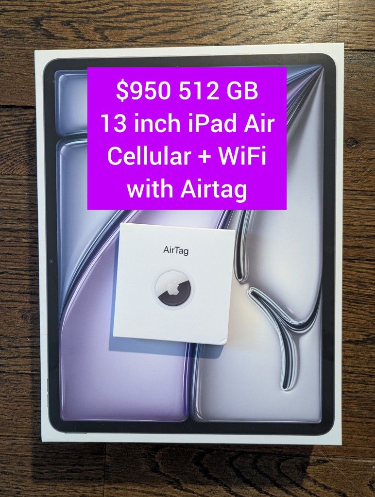 New 13 inch FACTORY SEALED WiFi + Cellular 512 GB iPad Air (M2) Space Gray  + Airtag