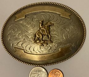 Vintage Metal Belt Buckle, Silver and Brass, Horse Back Riding, Nice Design, 4" x 3", Heavy Duty, Quality, Thick Metal, For Belts, Fashion, Shelf Disp