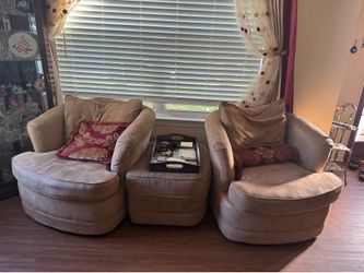 2 suede swivel chairs with ottoman