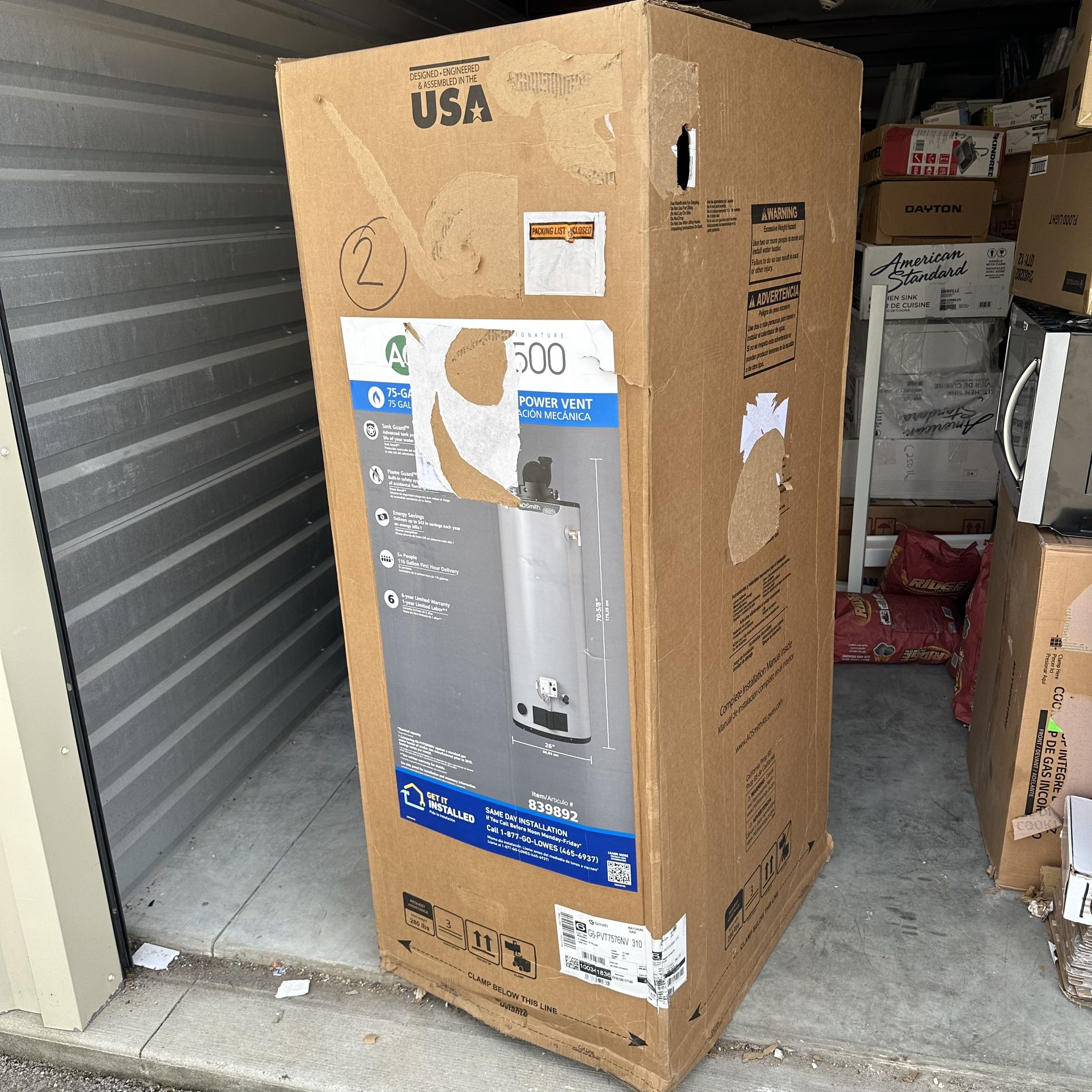Brand New A.O. Smith Signature 500-Series 75 Gallon Power Vent Natural Gas Water Heater / Tank. In The Box.