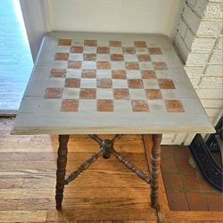 Rustic Distressed Light Gray Accent Side Game Table With A Checkerboard Design