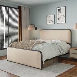 Queen Size Metal Bed Frame with Curved Upholstered Headboard and Footboard, King Modern Platform Bed with Heavy Duty Metal Slats, No Box Spring Needed