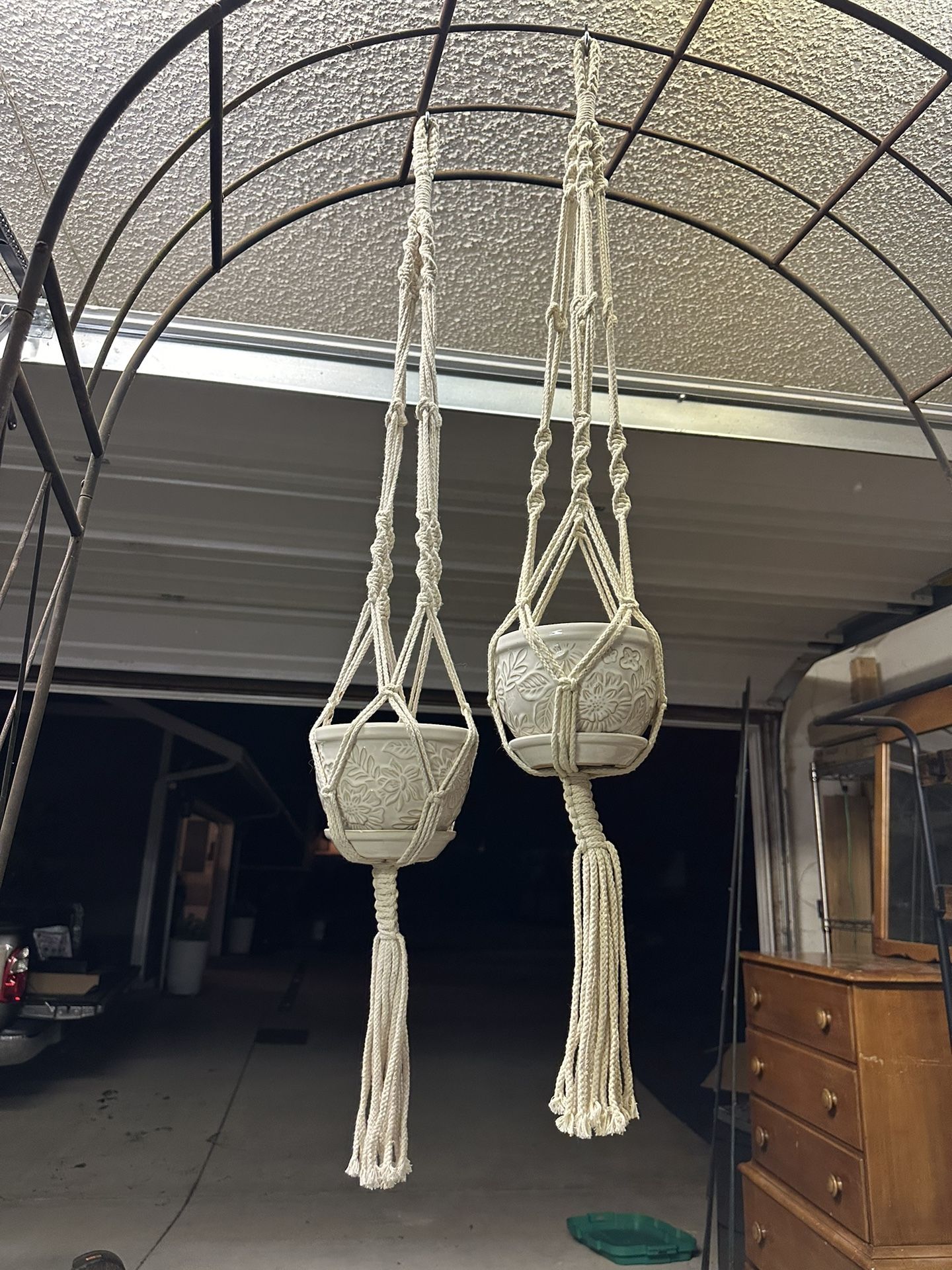 Two Macrame Plant Hangers With Pots Included