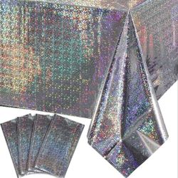 FunnyPars 4 Pack Iridescent Plastic Tablecloths Shiny Disposable Laser Rectangle Table Covers Holographic Foil Tablecloth Iridescent Party Decoration 