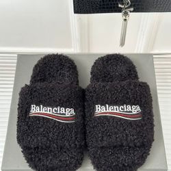 Balenciaga Shearling Logo Slides – Black | Cozy Luxury 🔥