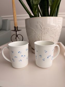 Corelle White Ceramic Mugs with Blue Floral Pattern – Set of 2