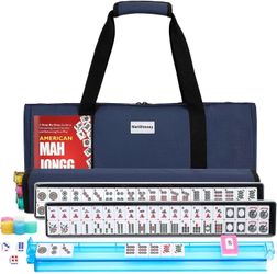 American Mahjong Tile Set,166 White Tiles Mahjong Set,4 Colors Mahjong Racks,Travel Mahjong Set with Blue Carrying Bag