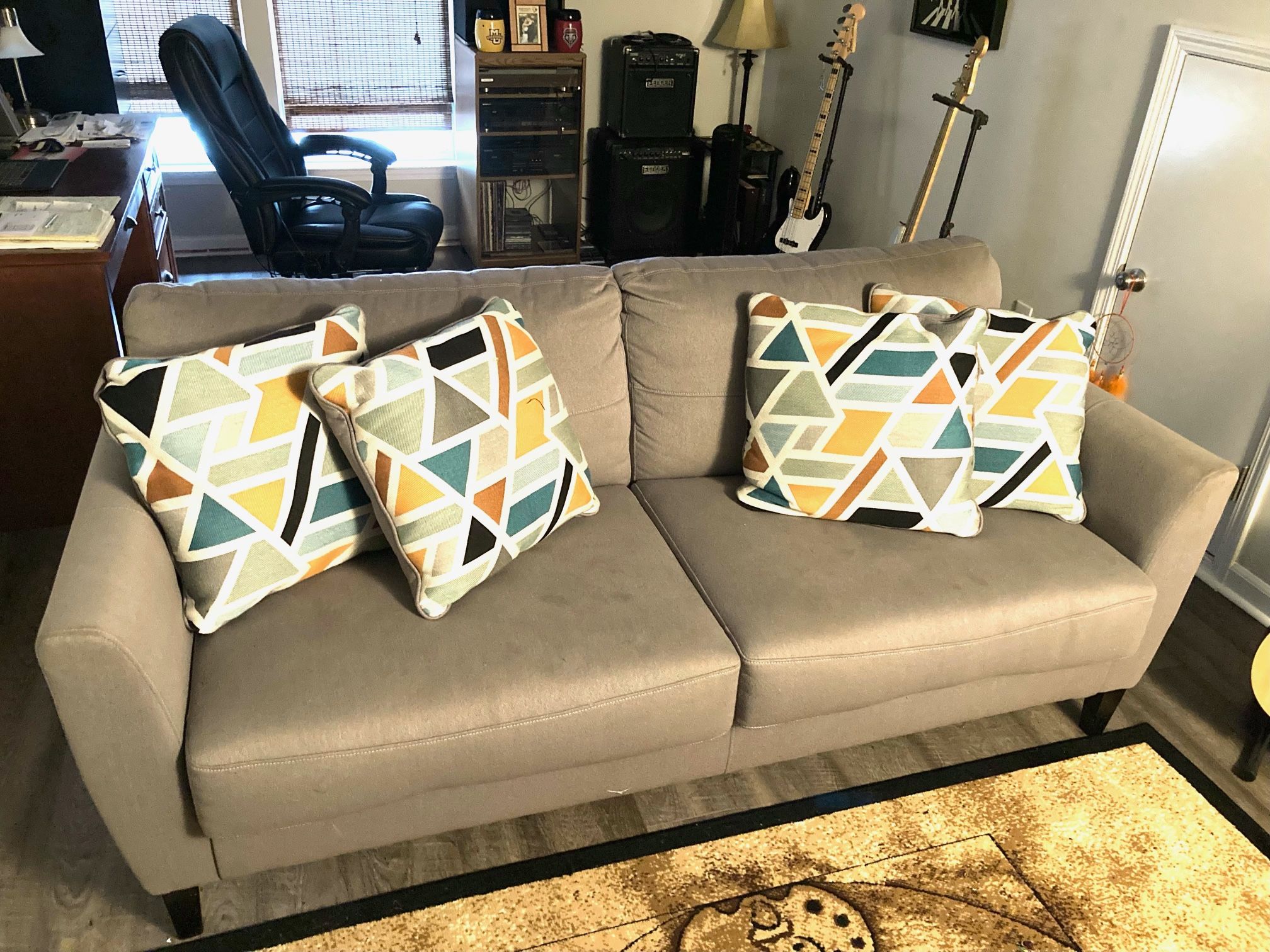 Grey Couch- With Pillows. Excellent Condition. 79 Inches Long, 35 Inches High, And 37 Inches Wide